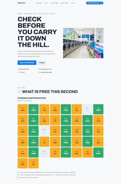 Laundromat website template preview with live machine availability board