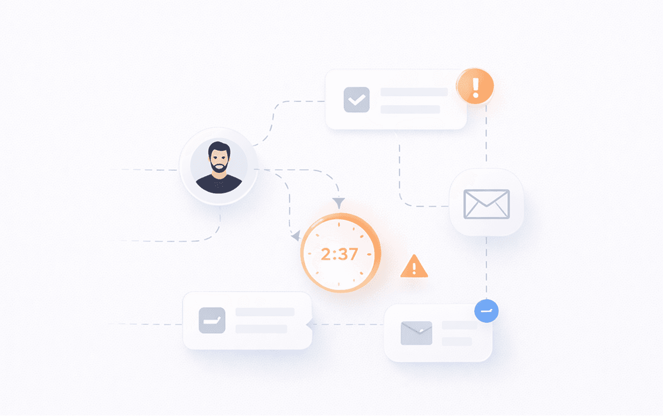 A white background featuring various icons alongside a clock, symbolizing time management and organization.