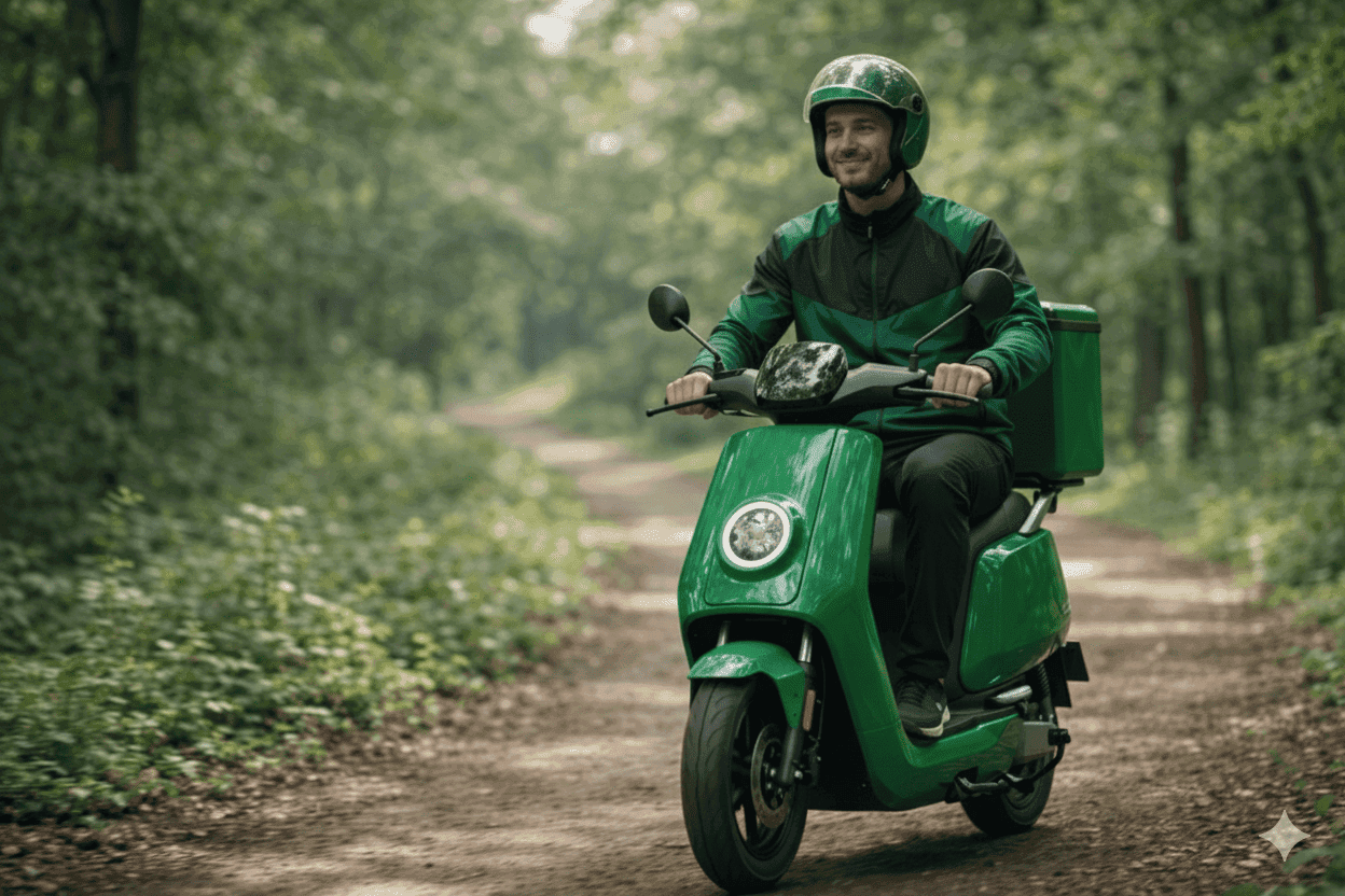 Yuvwaa Electric delivery rider on a green scooter, symbolizing eco-friendly transportation.