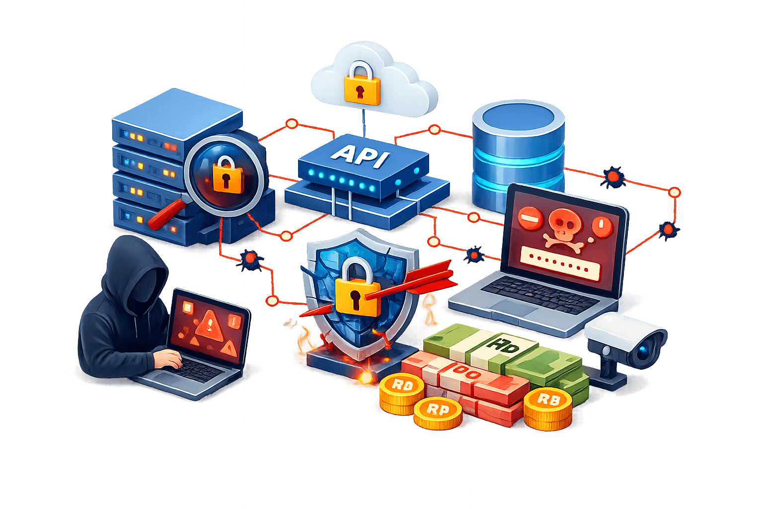 Ilustrasi ancaman siber pada API dan sistem keuangan digital. Di tengah, modul API terhubung ke cloud bergembok, server, database, dan laptop, namun jalur koneksi ditandai garis merah putus‑putus dengan ikon bug/malware yang menunjukkan vektor serangan. Di kiri bawah, peretas ber-hoodie mengakses laptop dengan simbol peringatan. Di tengah bawah, perisai bergembok yang retak dan tertembus panah menggambarkan pelanggaran keamanan.  Di kanan, laptop menampilkan layar peringatan malware (tengkorak), kamera CCTV menandakan monitoring, dan tumpukan uang/koin Rp serta bundel dana merepresentasikan aset yang berisiko. Elemen api pada firewall dan kunci menekankan konflik antara upaya pertahanan dan serangan, menggambarkan kebutuhan API security, deteksi ancaman, enkripsi, dan pencegahan fraud end‑to‑end.