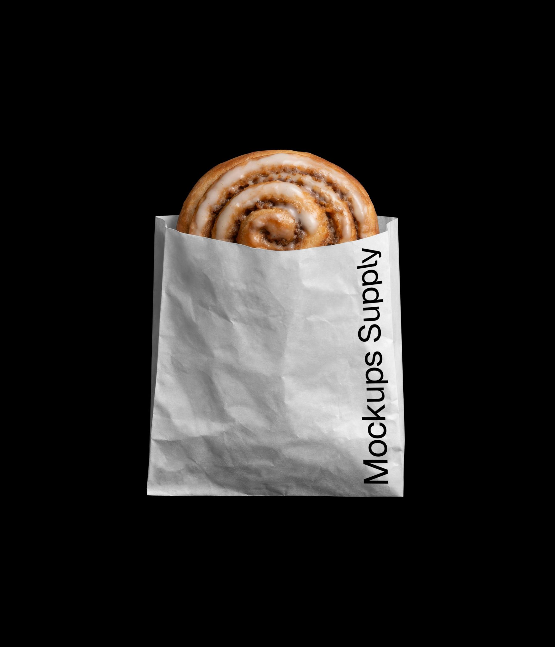 Cinnamon roll in paper bag mockup for Photoshop with editable bakery packaging design