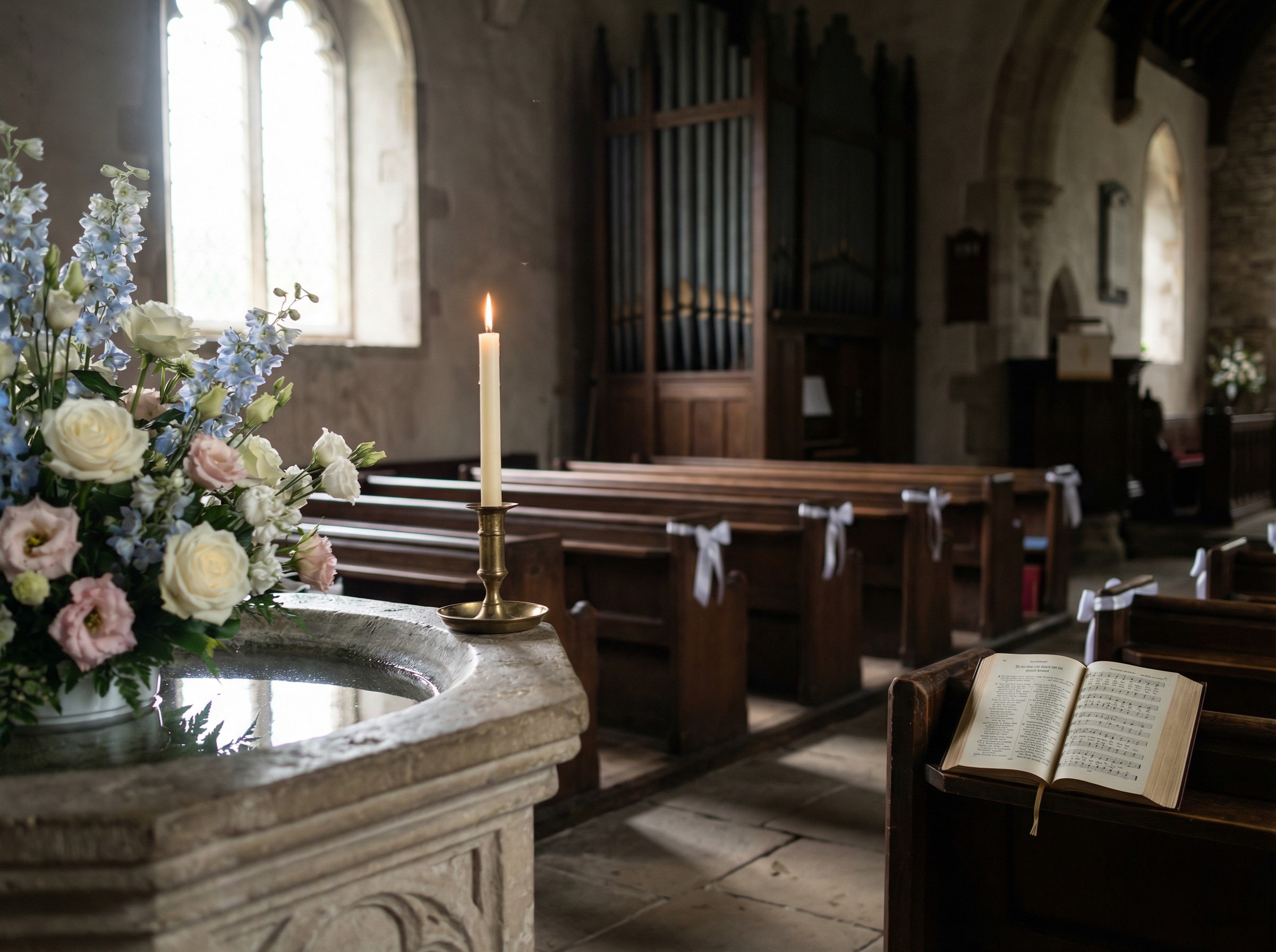 Ein Taufbecken mit frischen Blumen steht im sanften Morgenlicht. Eine Kerze brennt ruhig, im Hintergrund zeichnen sich Orgelpfeifen ab. Weiße Bänder schmücken die Bankreihen, die Stimmung ist feierlich und einladend. Ein Gesangbuch liegt aufgeschlagen bereit.