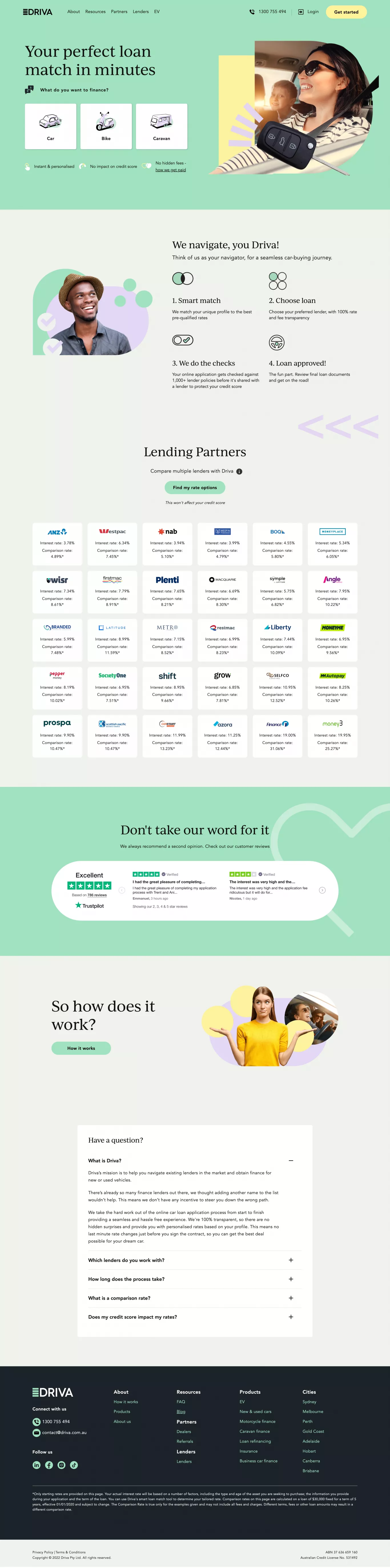 Driva landing page screenshot showcasing Travel and Finance design