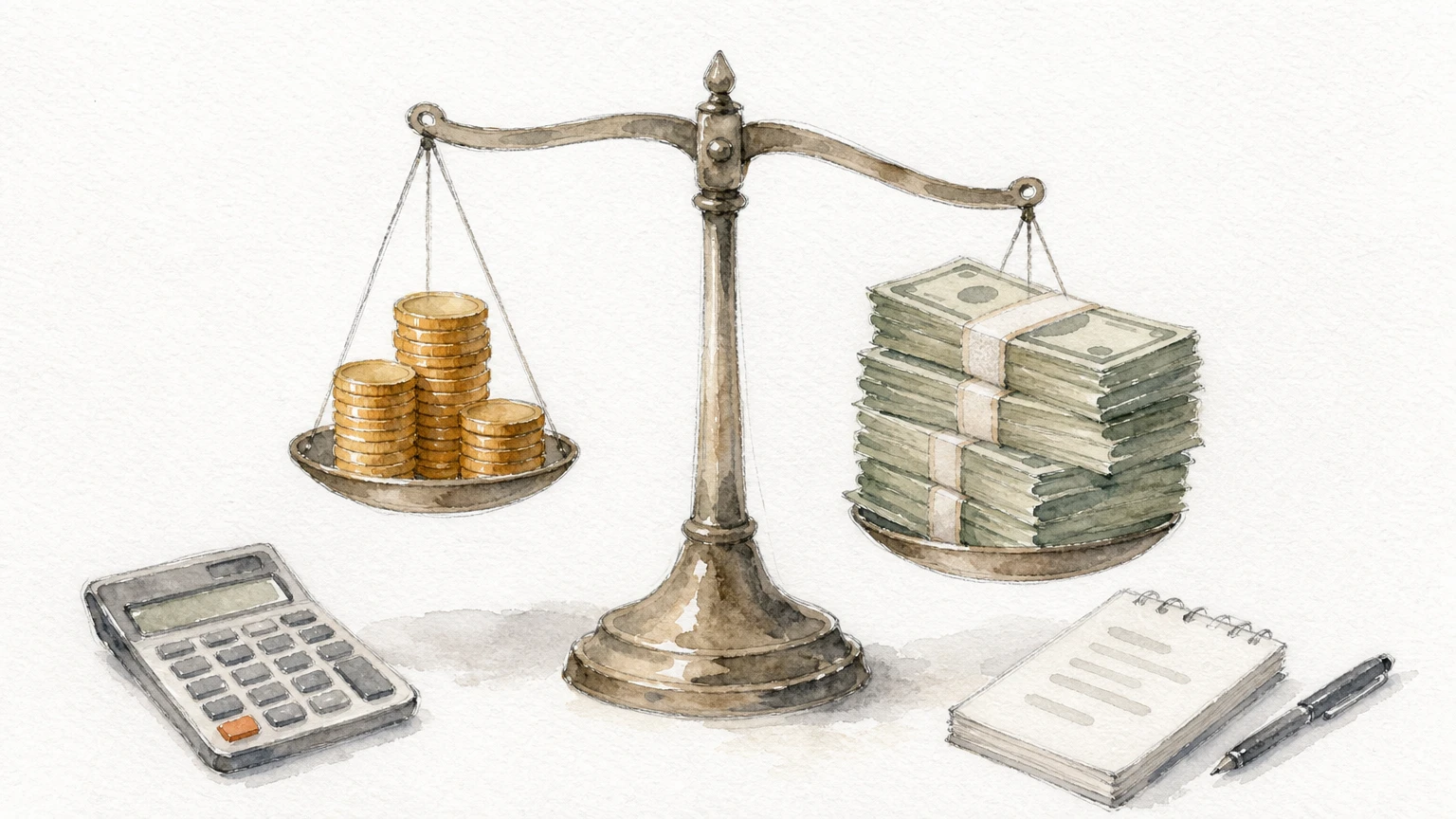 Balance scale weighing coins against a taller stack of bills, with a calculator nearby.