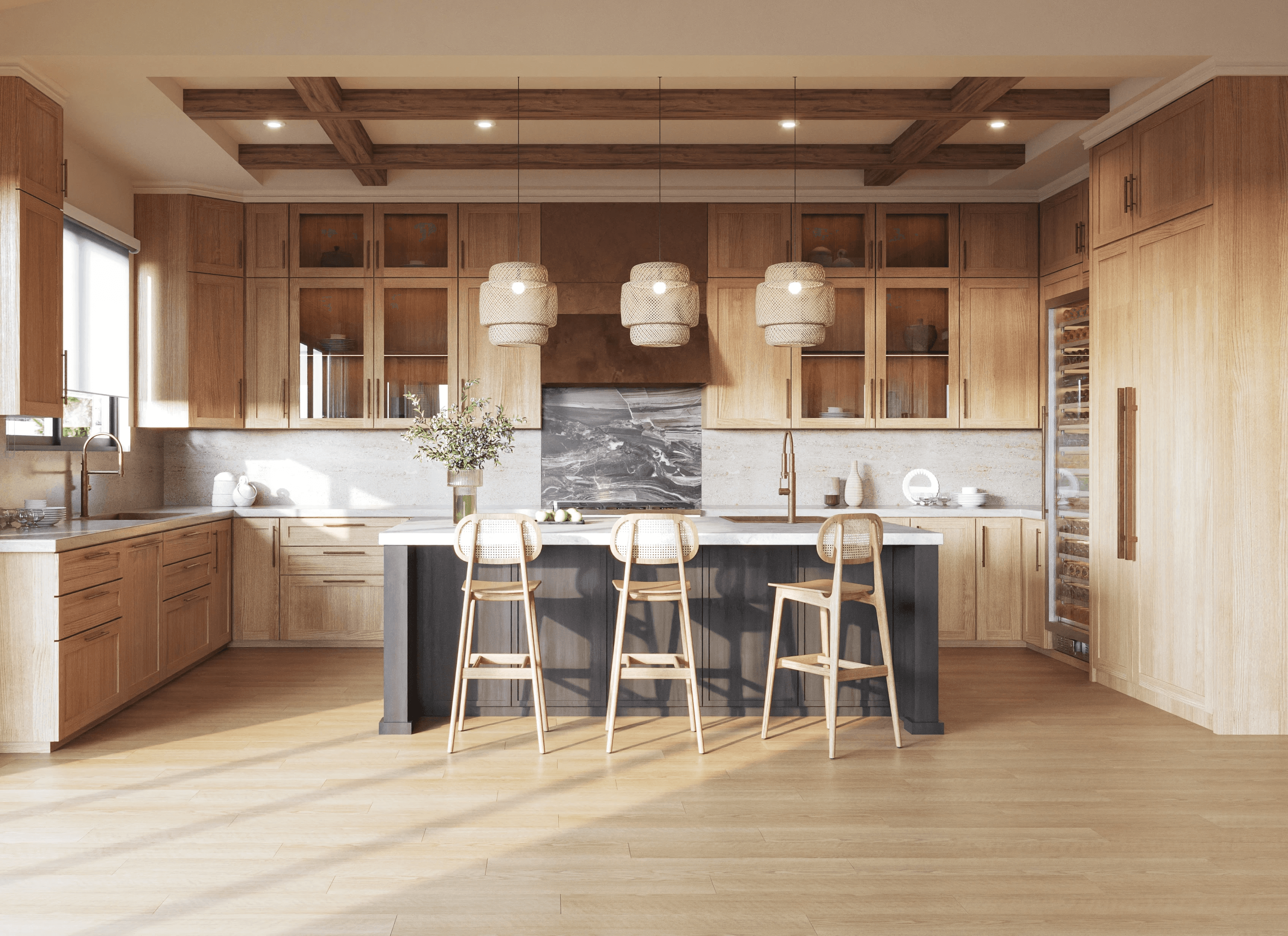 3D kitchen rendering with oak cabinets and dark island — home remodel design Pacific Palisades CA