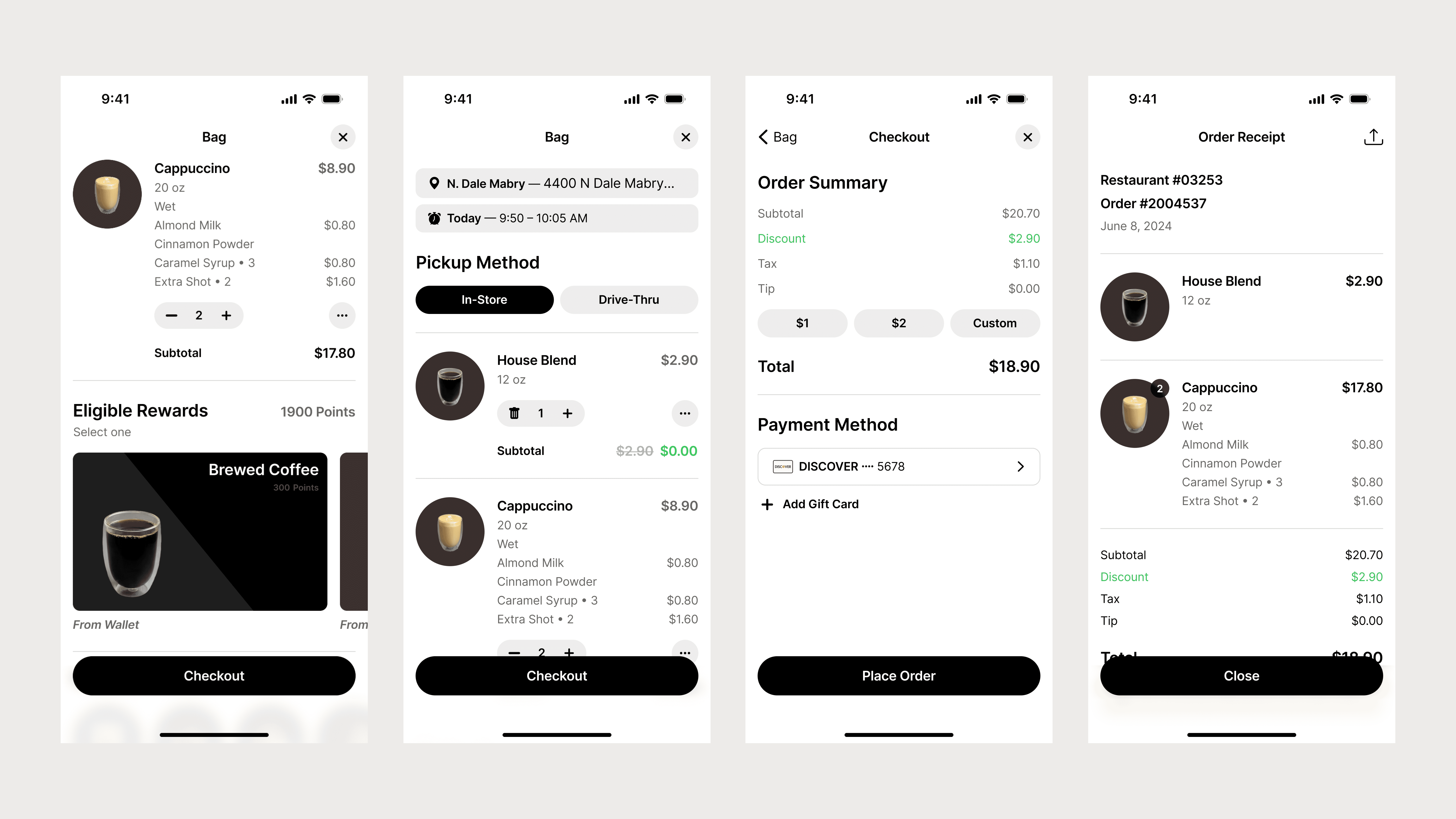 Key screens for rewards used in mobile orders