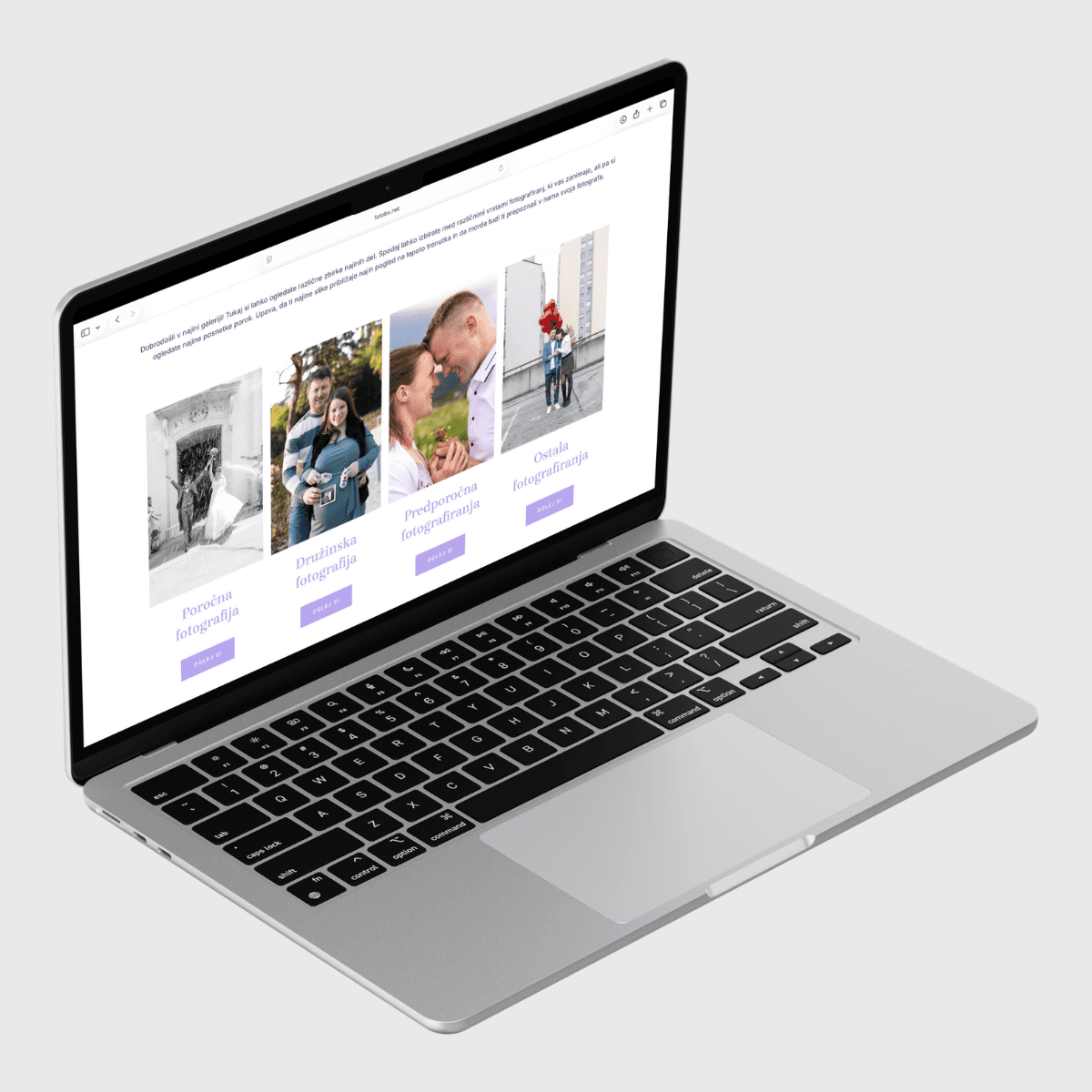 FotoBU website gallery page shown on a laptop with wedding and family photo categories.