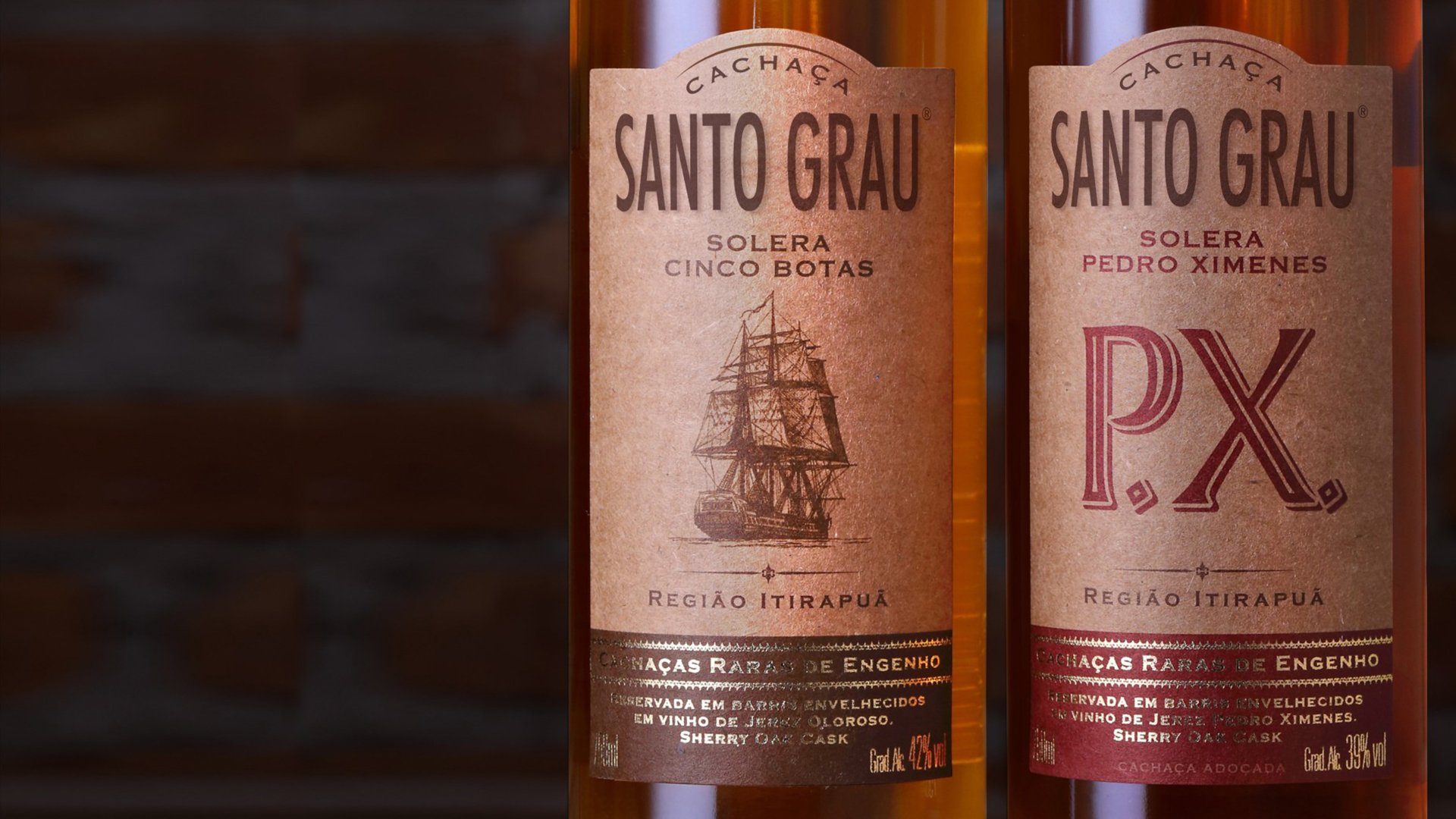 Two bottles of Santo Grau cachaça with detailed brown labels. The left shows a vintage ship, and the right features bold "P.X" text. Elegant and rustic tone.