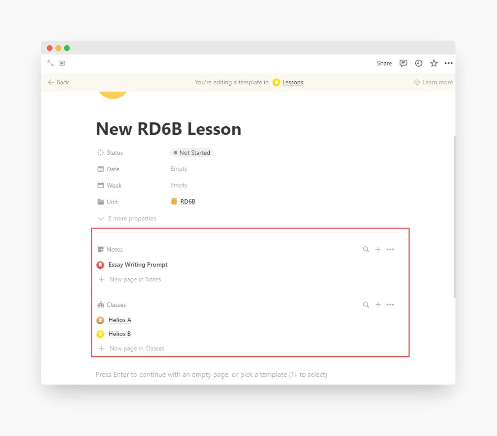 Premade template with Classes & Notes pre-assigned in notion