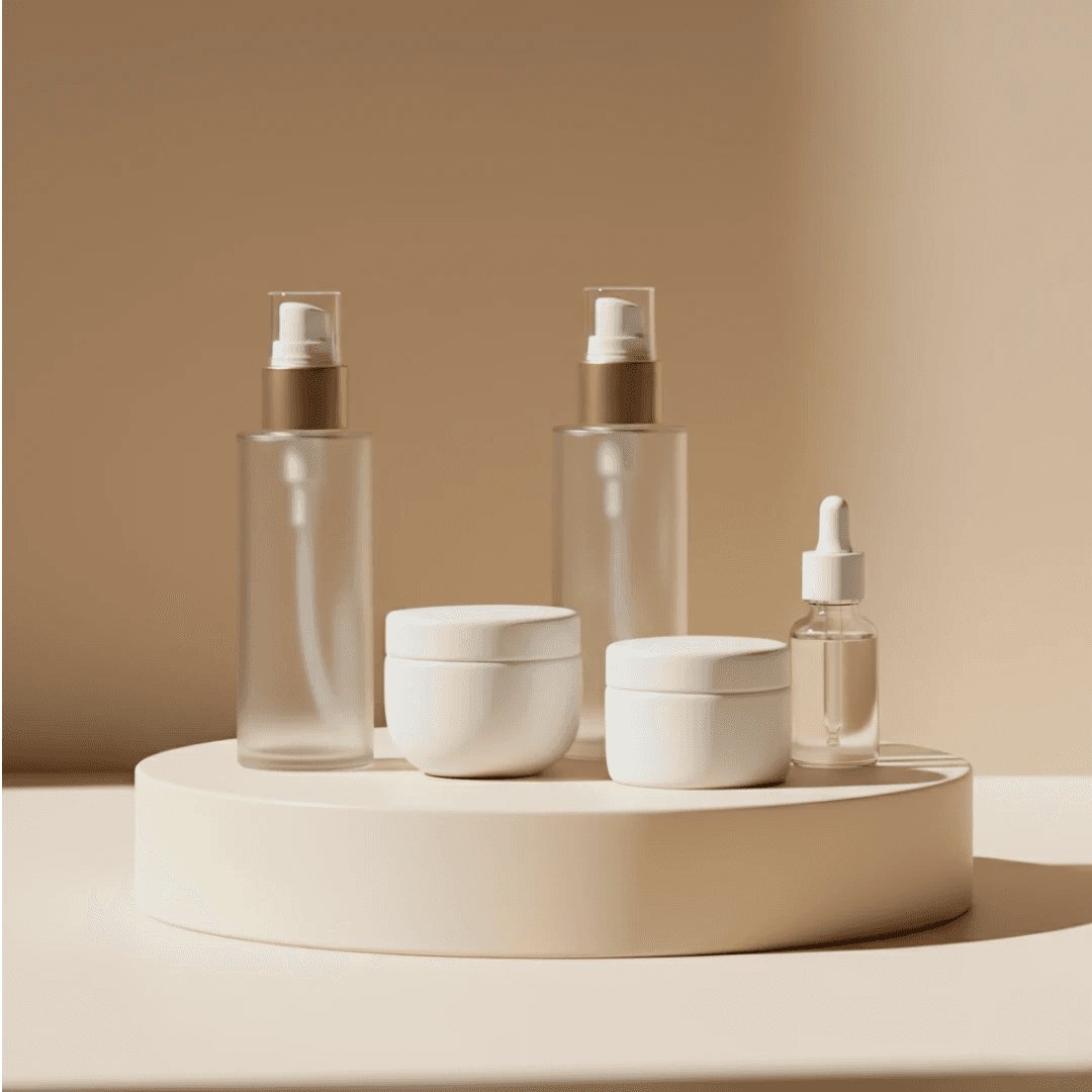 Neatly arranged set of five unbranded skincare bottles and jars in white and frosted glass on a cream pedestal, soft studio lighting, gentle shadows, high‑end minimalist product photography, warm tones, no text or logos.