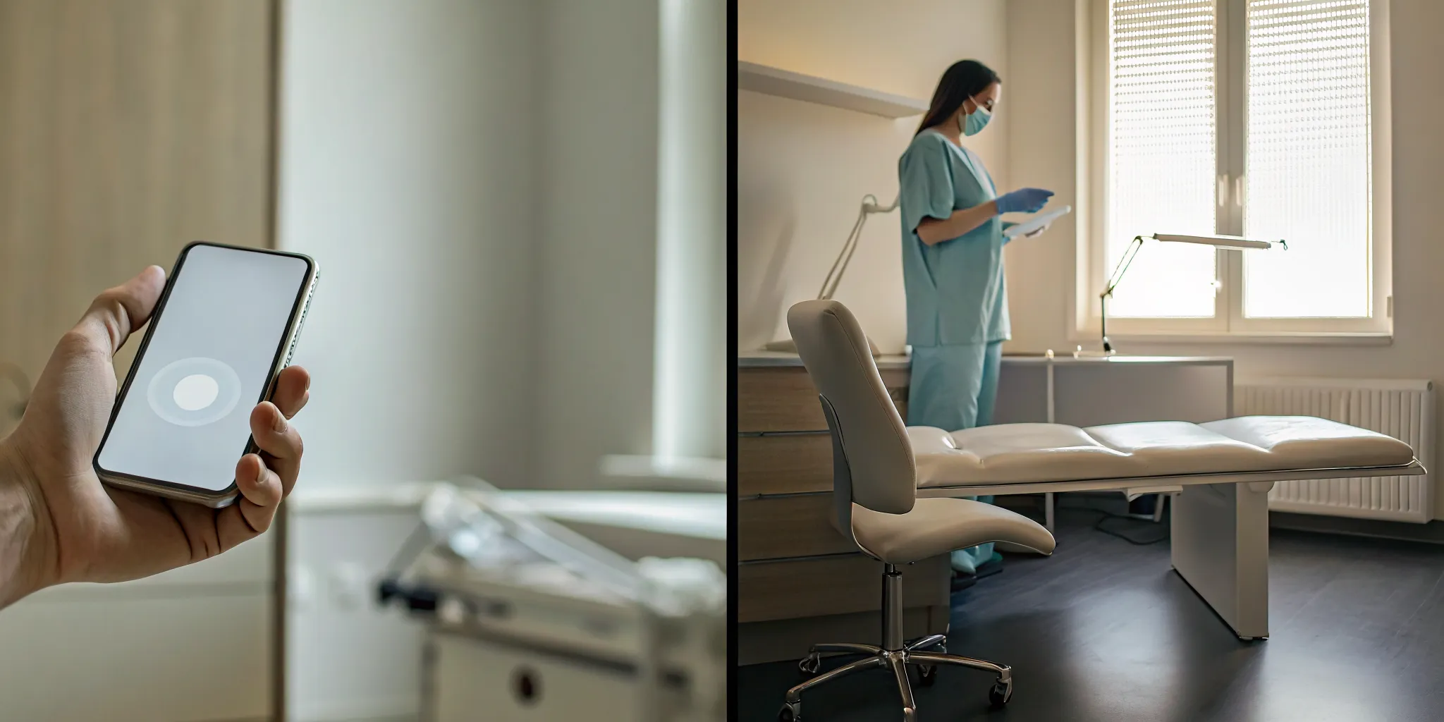 Person on phone searching for podiatrists near me, with a nurse in a modern podiatry clinic.