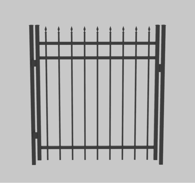 Black-and-white illustration of a straight aluminum walk gate with exposed spear-top pickets.