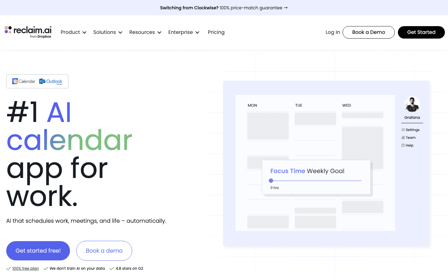 Reclaim AI planner app website