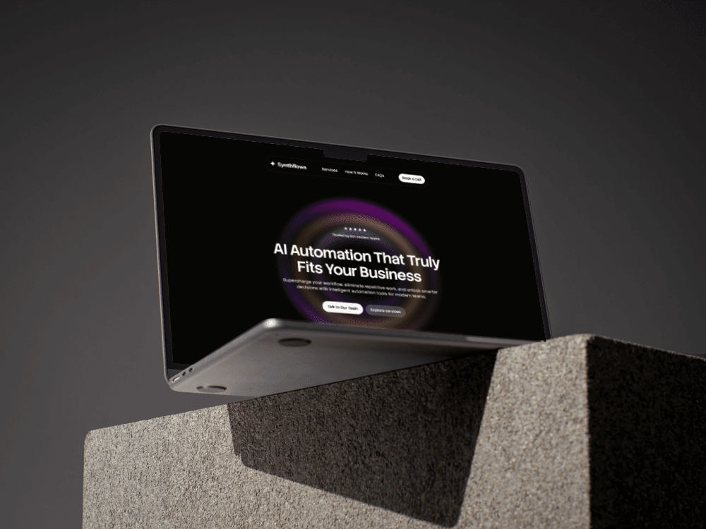 Modern AI startup website template shown on a laptop with futuristic interface and automation-focused layout