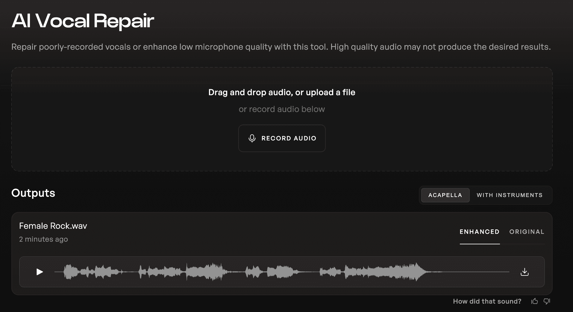 Uploading a low-quality vocal file into Kits AI Vocal Repair tool interface