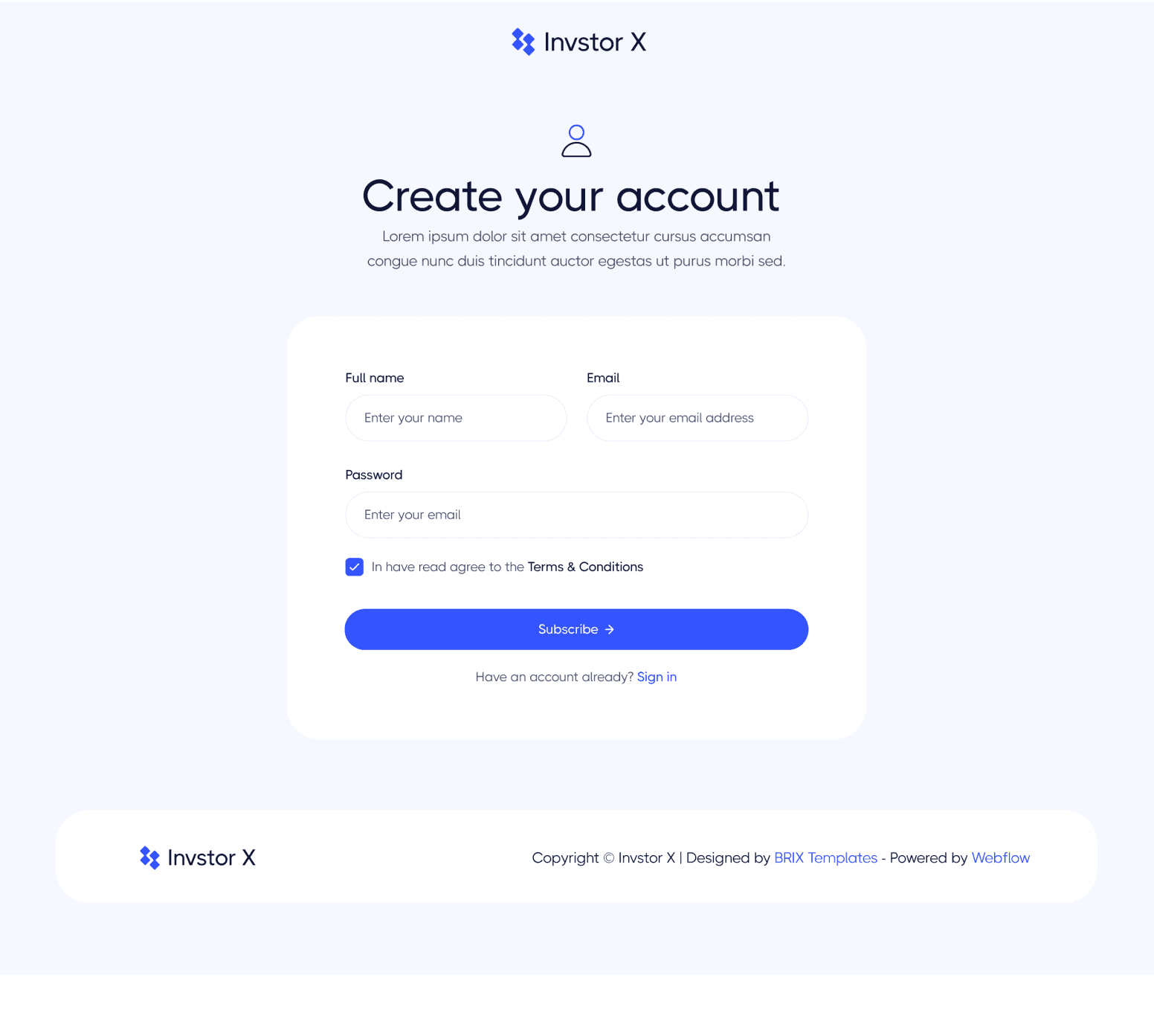 Invstor X - Sign Up Utility Page - Investment Firm Framer Template