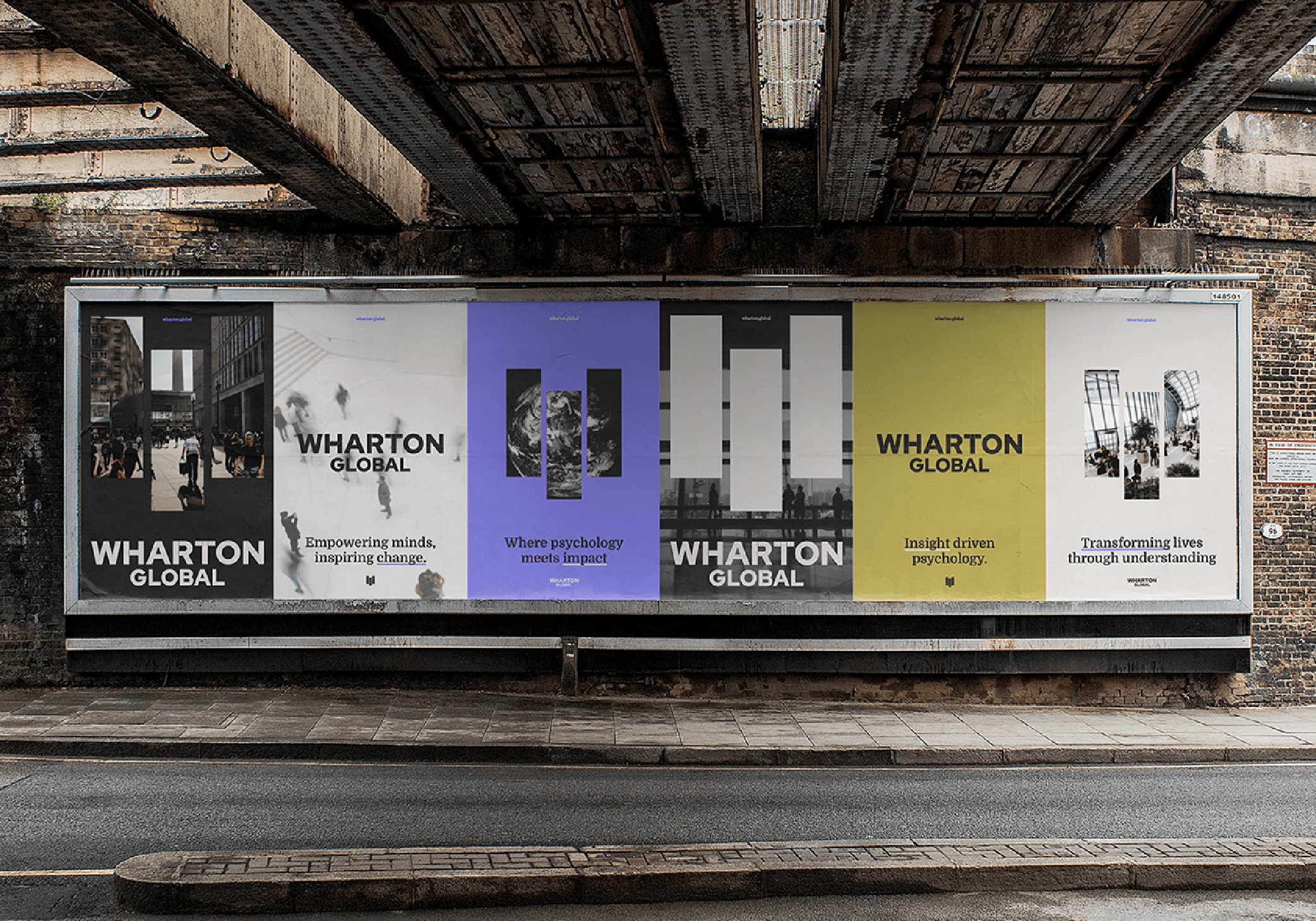 6 posters on a billboard in an urban area