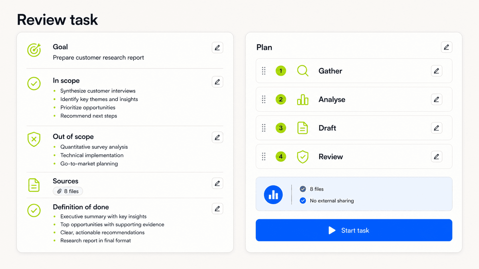 Task scope and plan preview interface