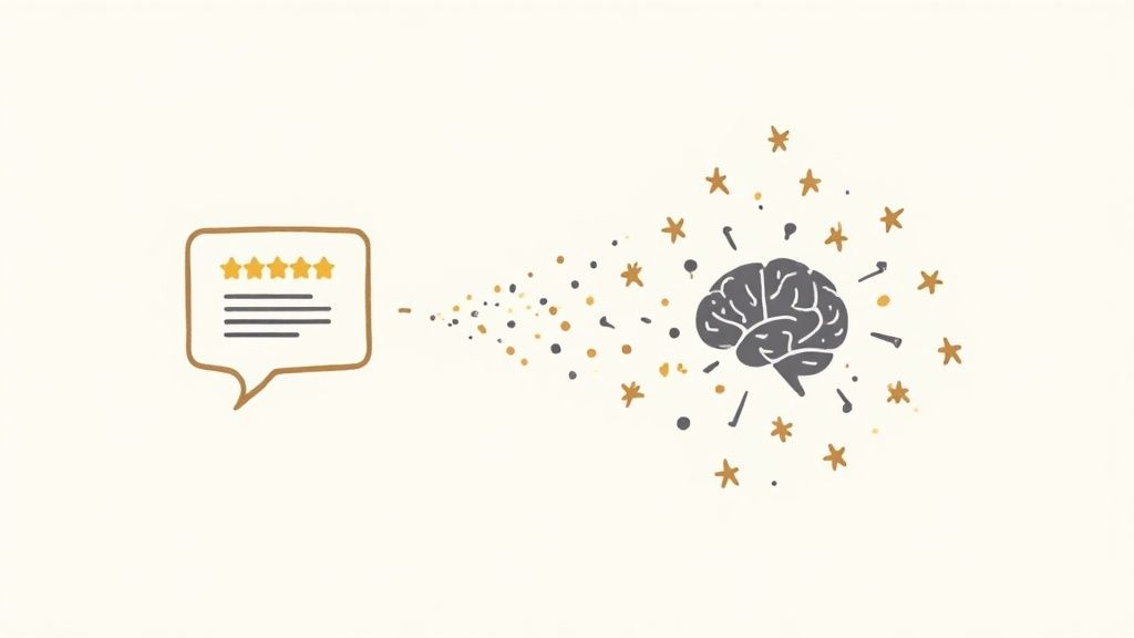 An illustration showing data points from reviews flowing into a central AI brain, which then outputs a hotel recommendation.