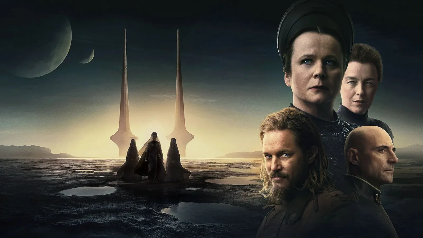 A group of four characters in dark, futuristic attire stand against a desolate landscape, with a cloaked figure approaching two towering monolithic structures, under a twilight sky with a distant planet visible.