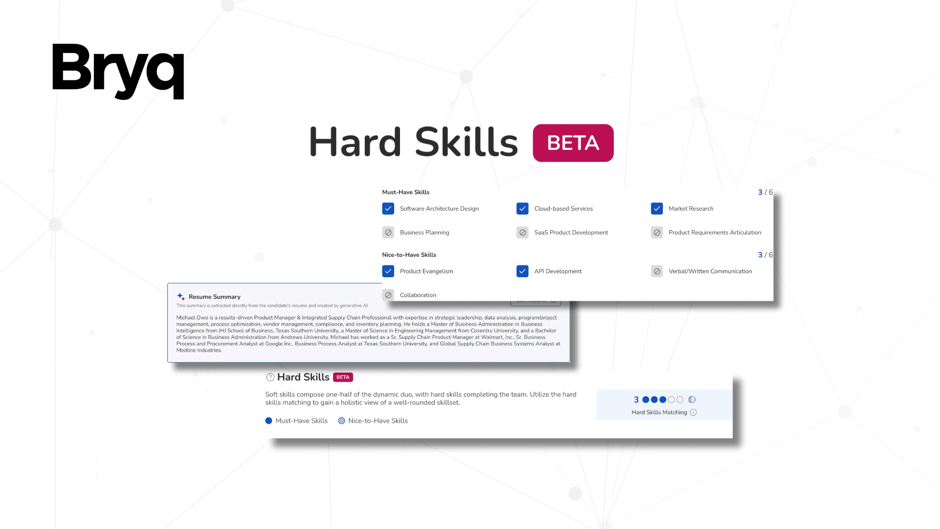 Bryq Hard Skills Beta interface displaying skill categories, assessment details, and results summary.