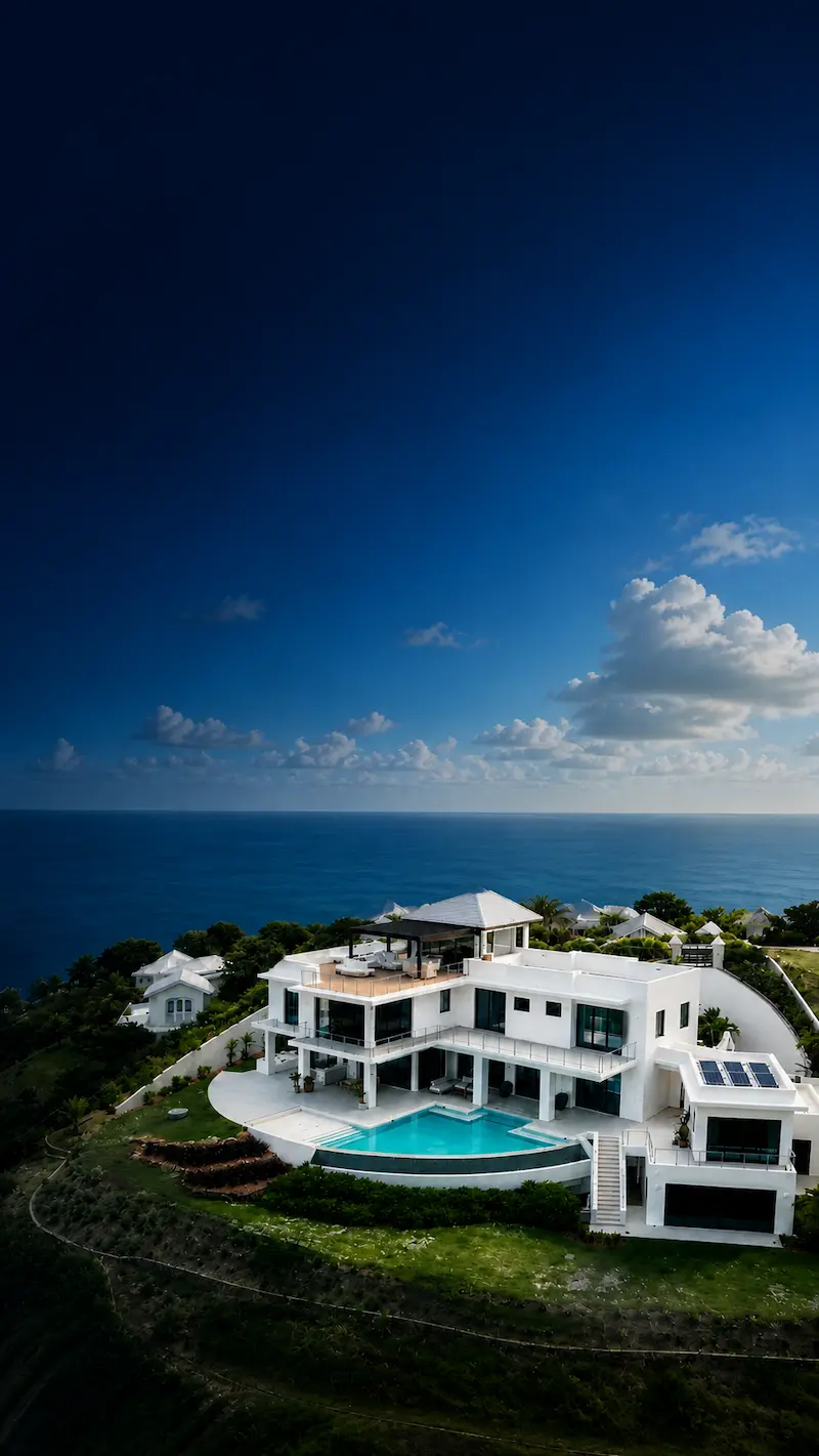Aerial view of the Devaux Residence, a modern luxury home with infinity pool designed by Atelier International on a cliffside in Saint Lucia overlooking the Caribbean Sea