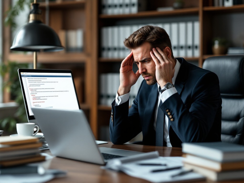 A businessman is sitting at his desk with his head in his hands, looking stressed.