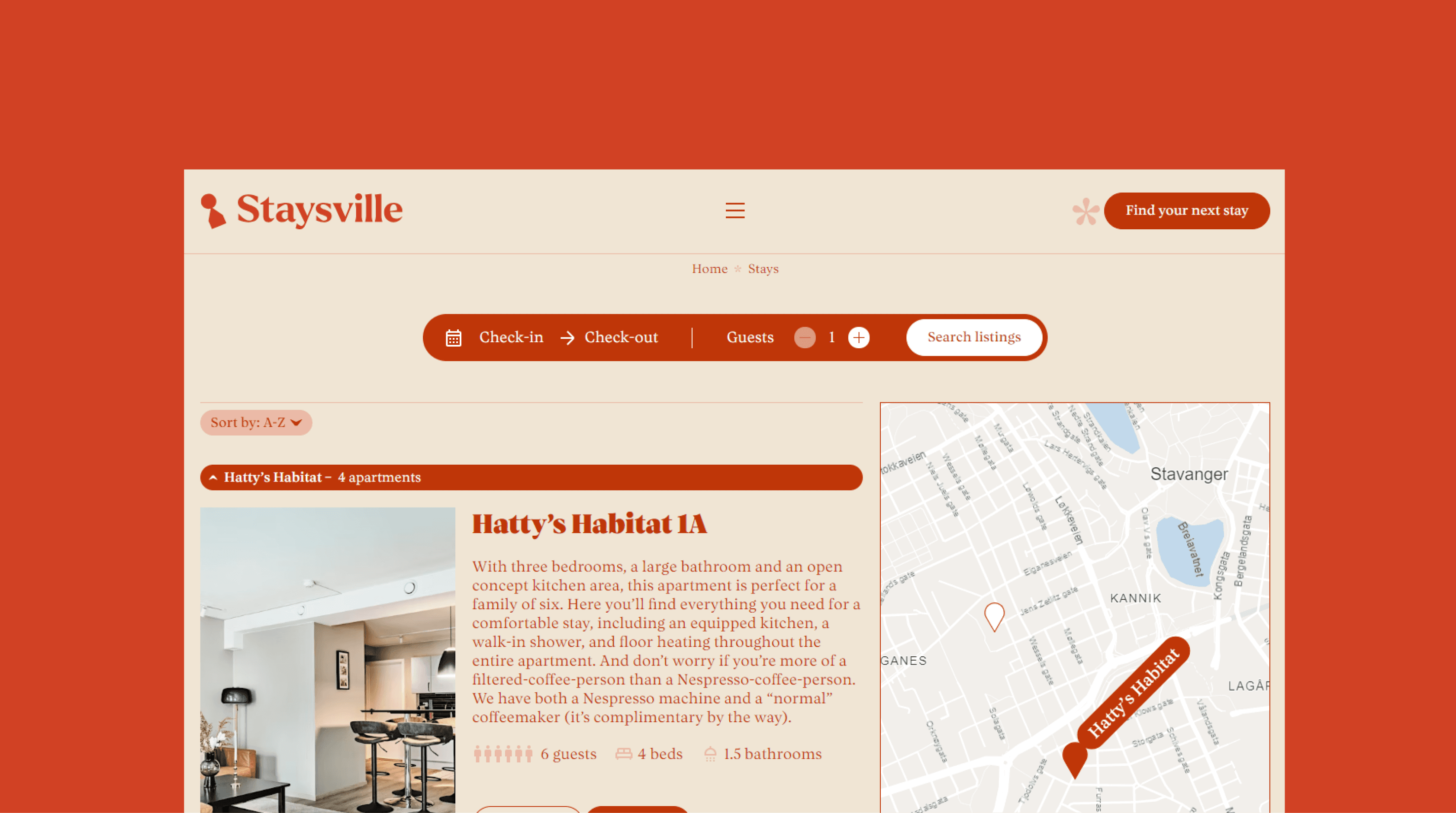 The listing page of the Staysville webpage on a bright orange background