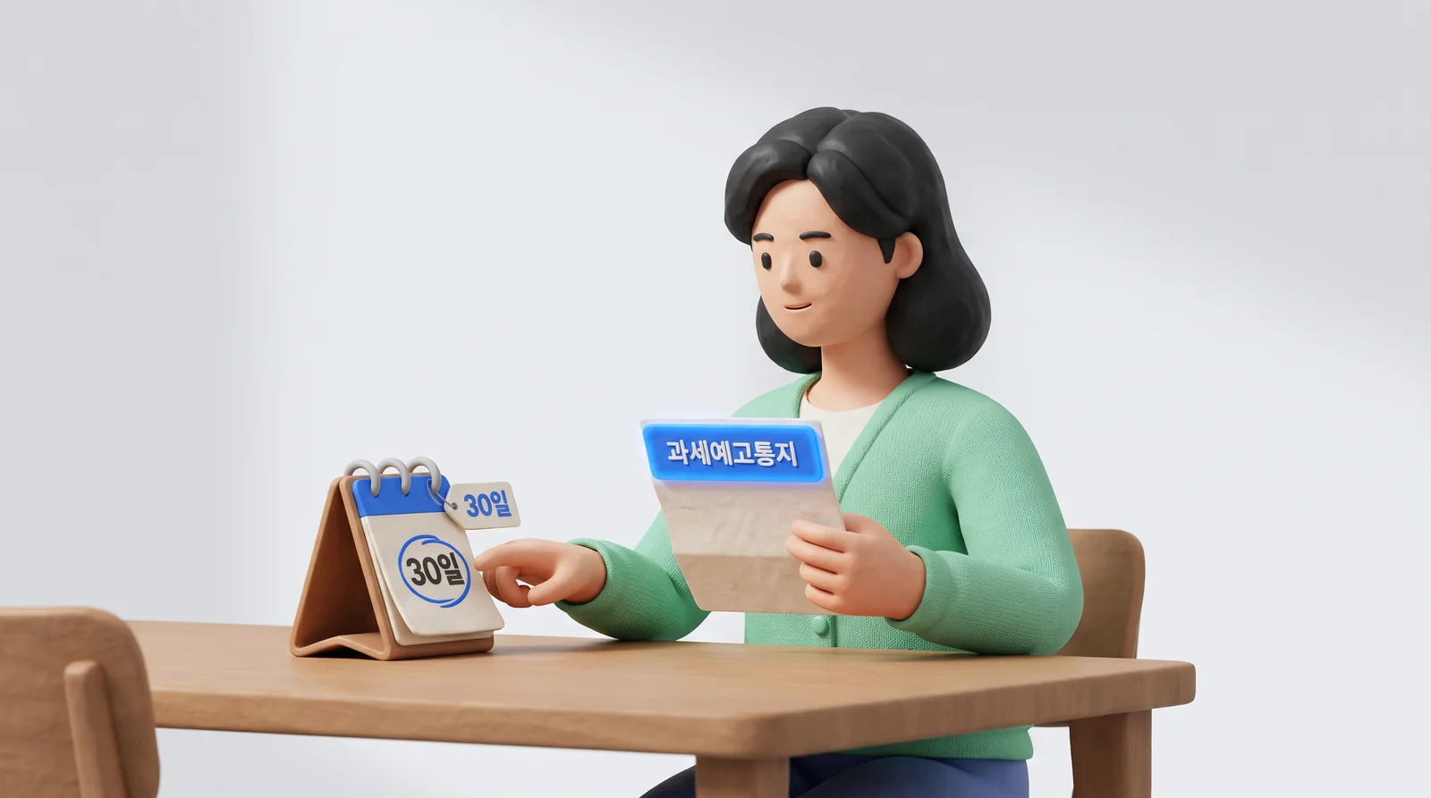 상속세 과세예고통지서를 받은 딸이 달력에서 과세전적부심사 30일 기한을 확인하는 장면