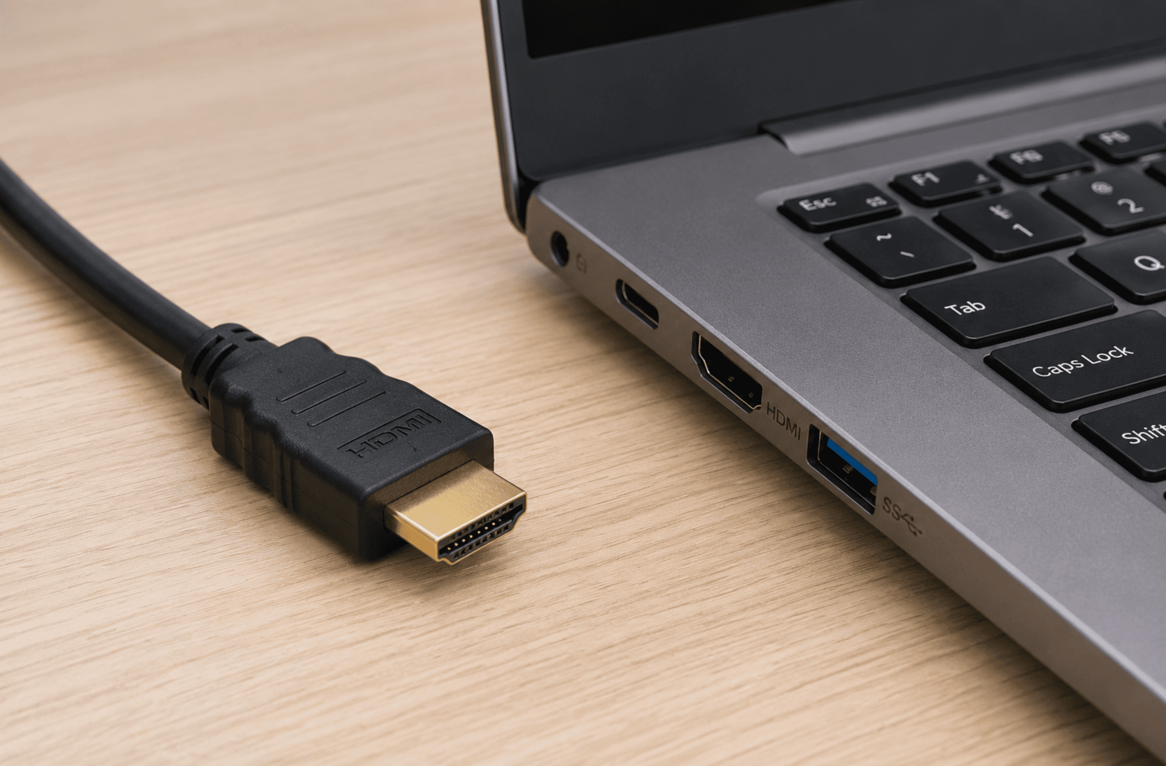 HDMI cable next to a laptop's side ports, the wired fallback for laptop-to-TV screen mirroring