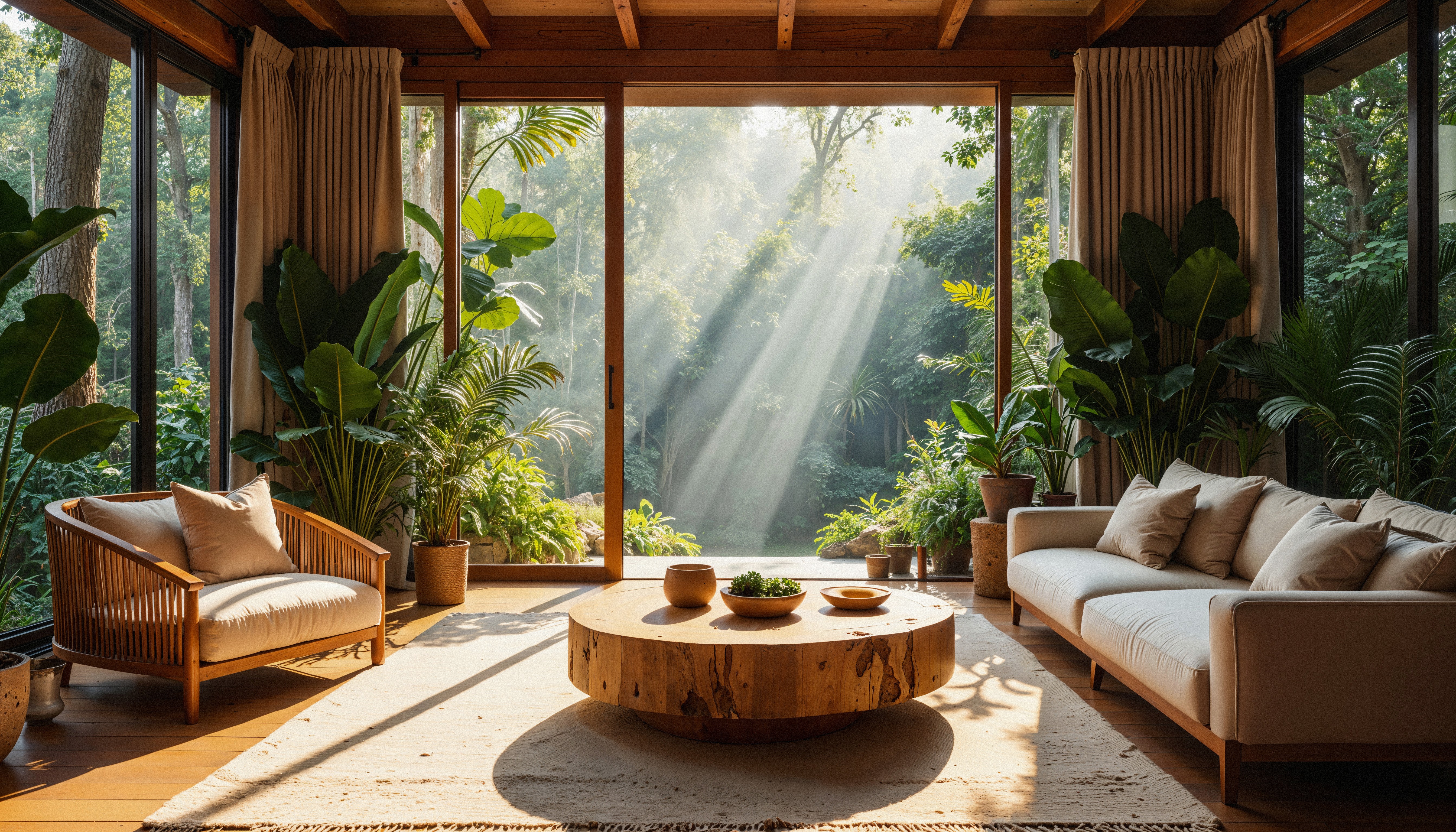 Minimal wooden cafe with warm glowing pendant lights.