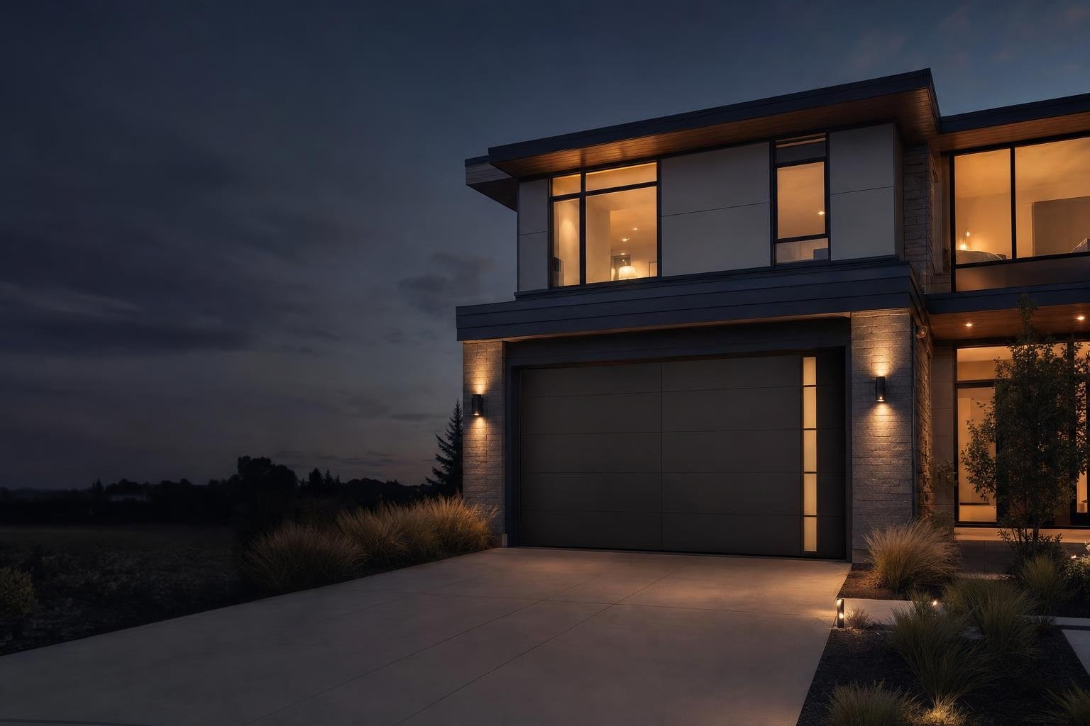 Modern two-story home at dusk with a charcoal garage door