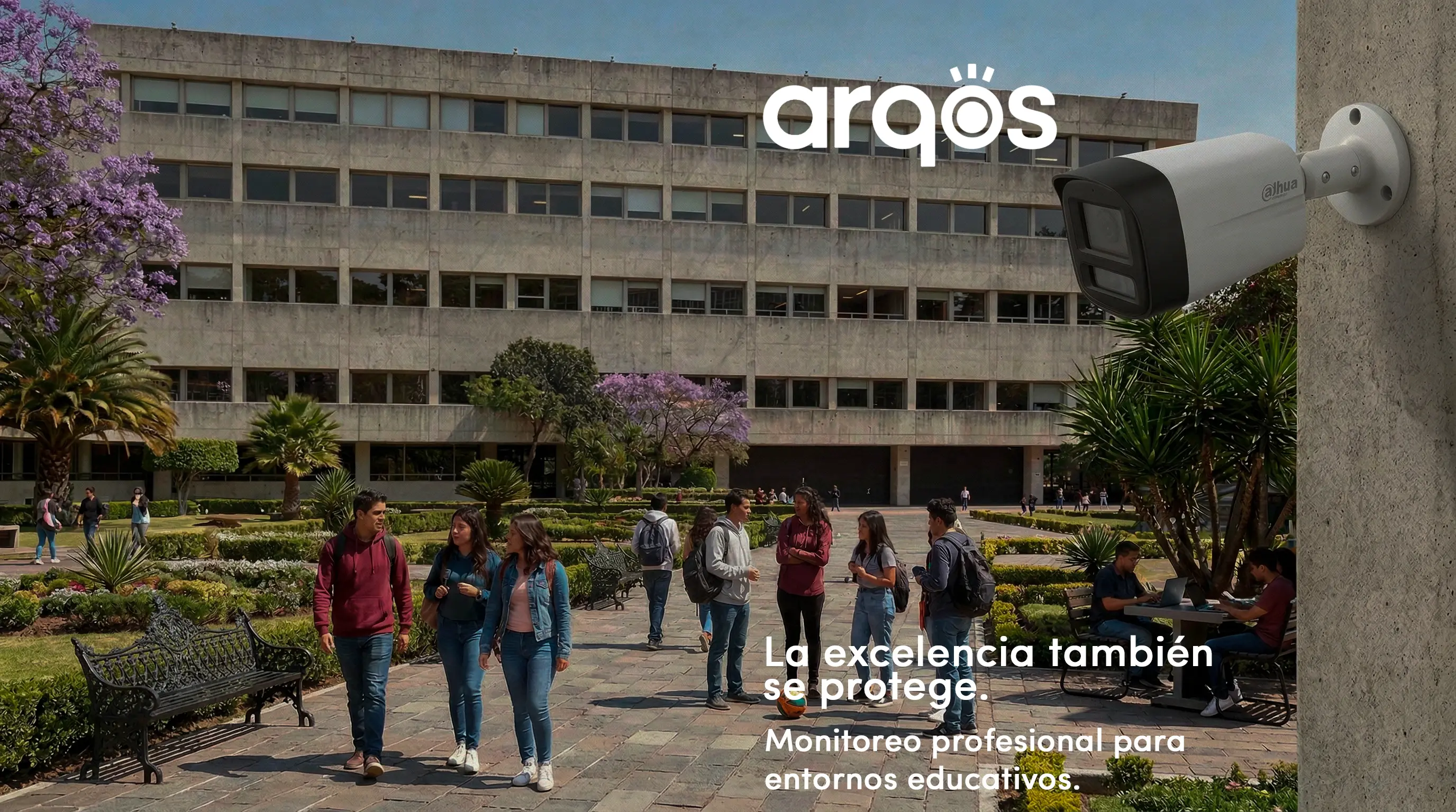 Sistema de videovigilancia profesional instalado en campus universitario en México para protección de estudiantes y continuidad operativa.