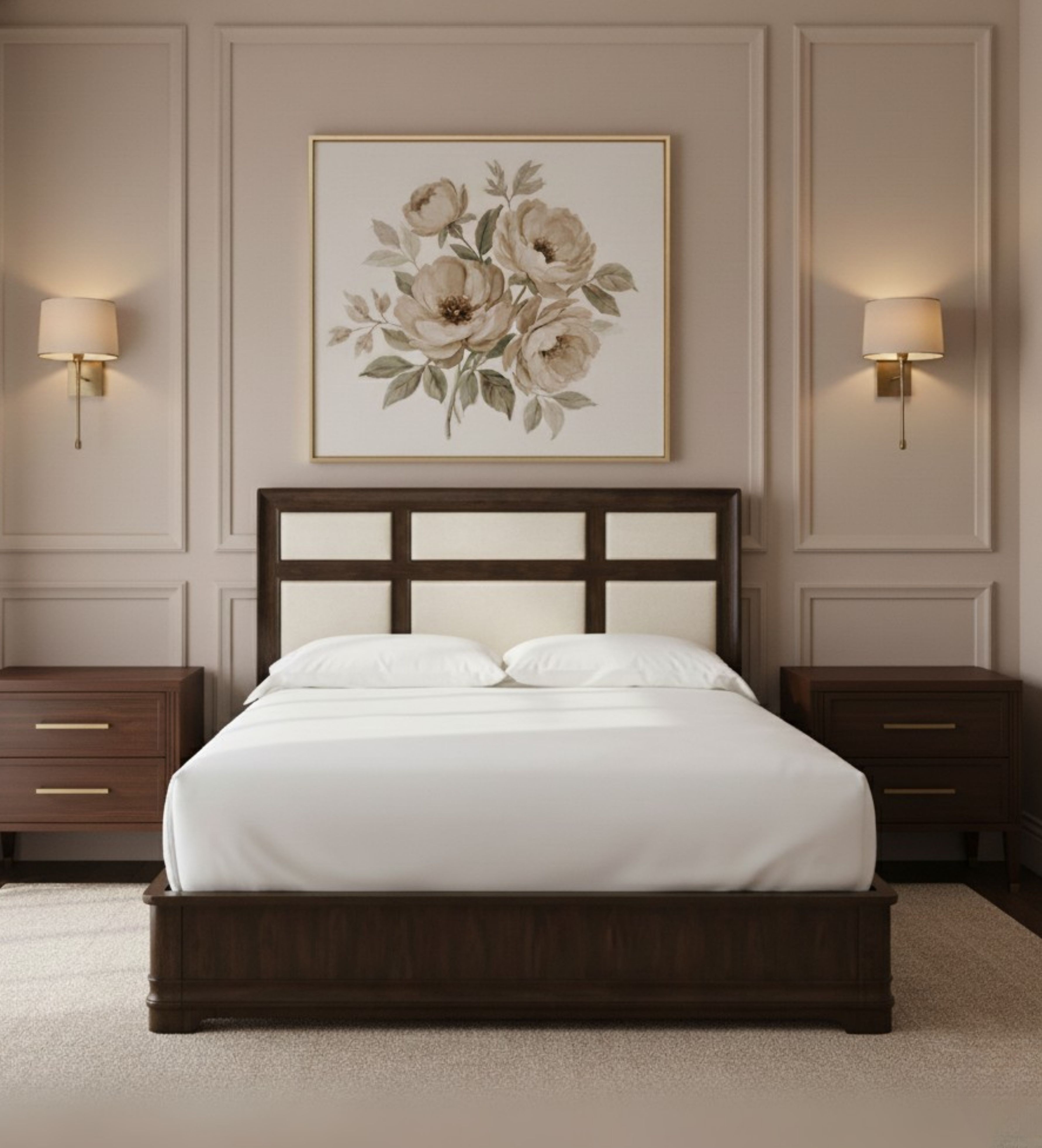 Wooden bed with grid‑style headboard panels and straight‑lined frame