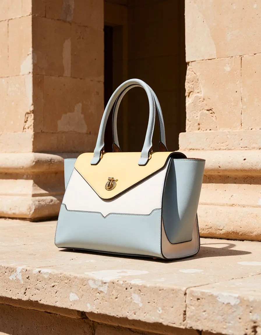 Luxury pale blue and yellow handbag photographed against sandy stone architecture, showcasing professional still life photography