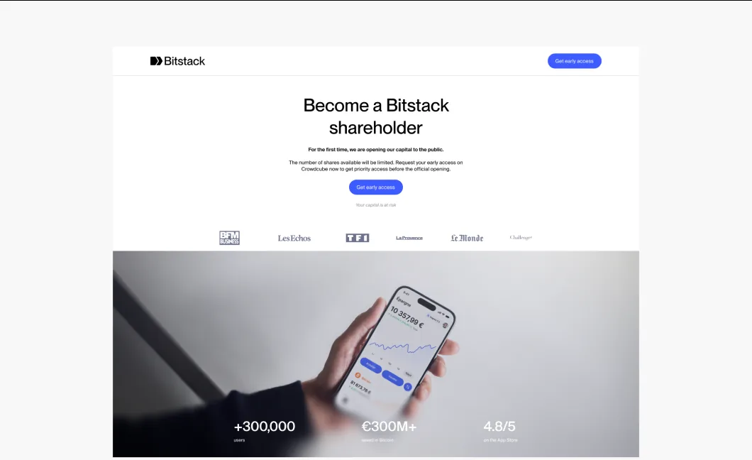 Bitstack crowdfunding landing page: become a shareholder