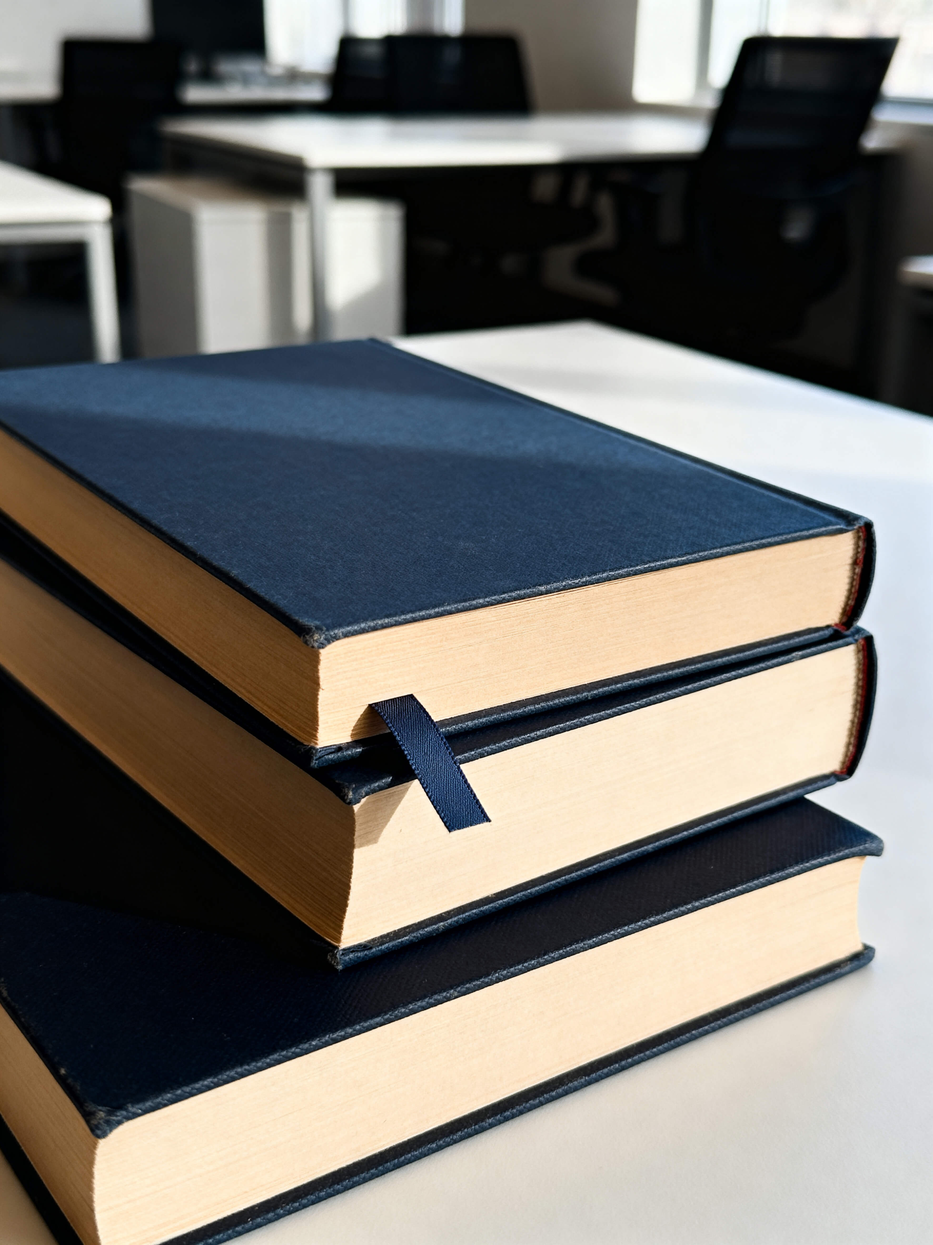 Livros empilhados com marcador de página visível sobre superfície com luz natural, representando a preparação do conteúdo da palestra.