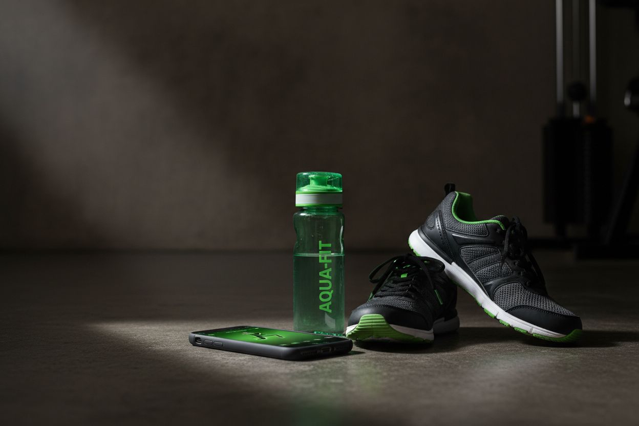 An iPhone displaying a workout app beside gym shoes and a water bottle