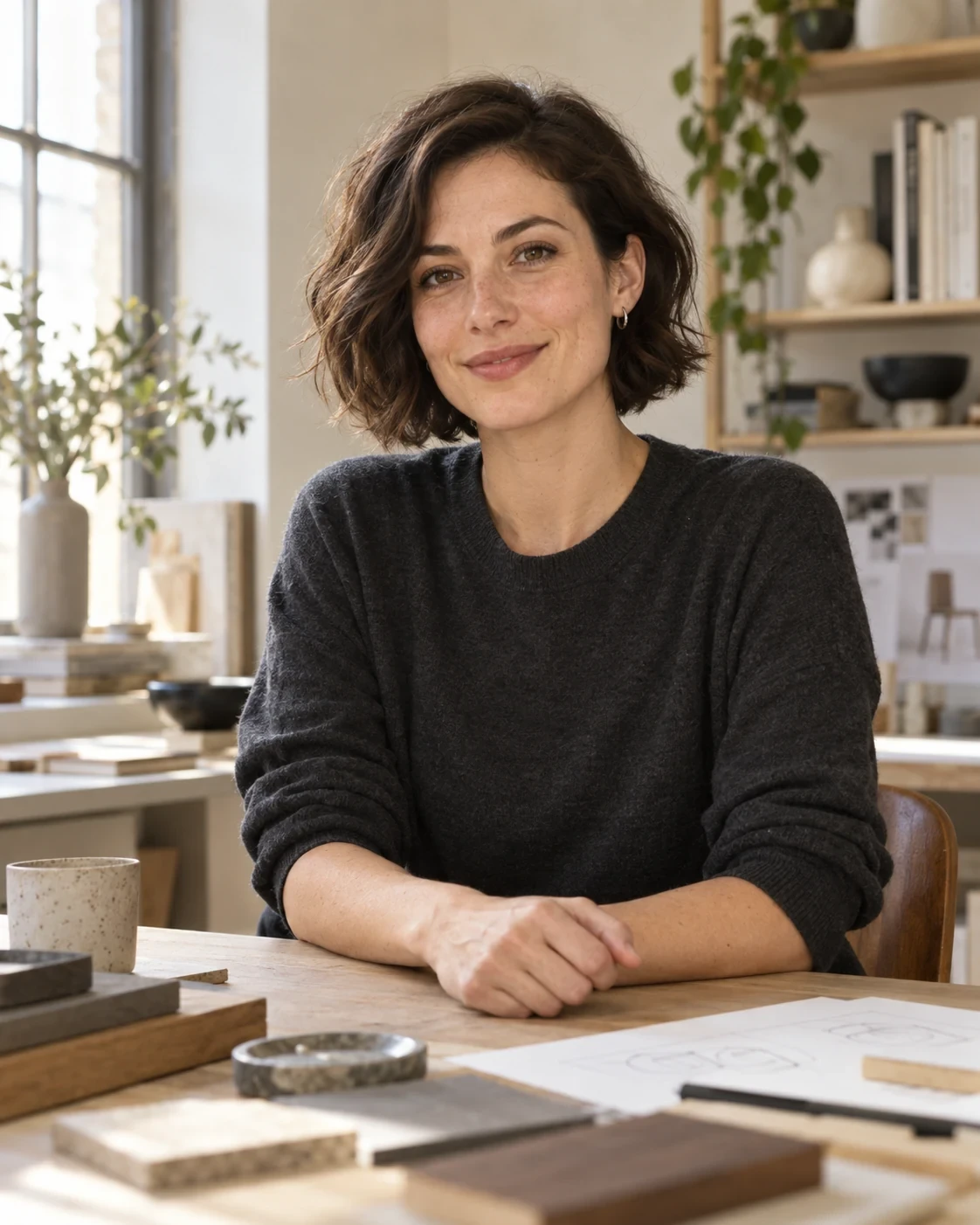 Portrait of Ava Marlow, a fictional multidisciplinary designer, in a daylight studio.