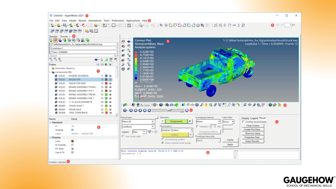 HyperMesh user interface panels and results