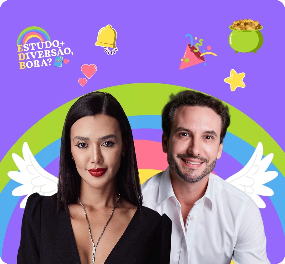 Two people smiling with angel wings, colorful rainbow, and decorative icons. Text reads, "Study + Fun, Let's Go?"