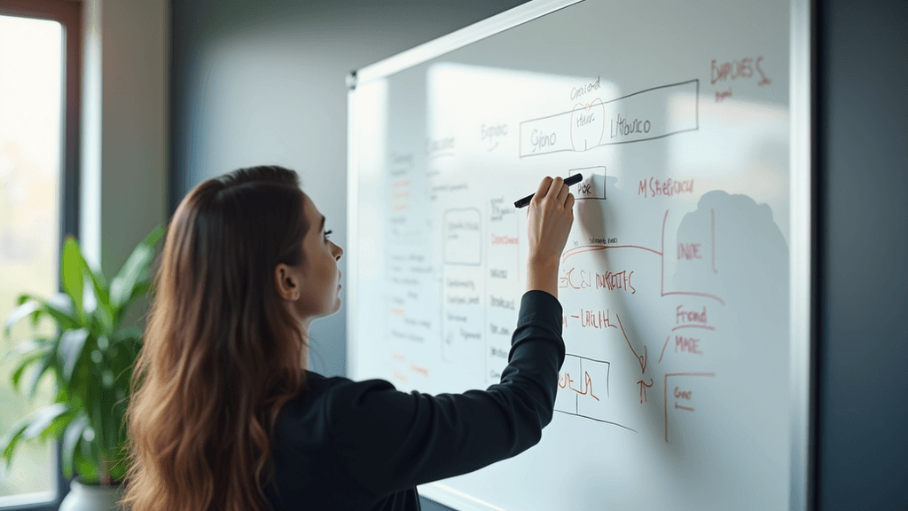 High angle view of a whiteboard with marketing strategy notes and diagrams