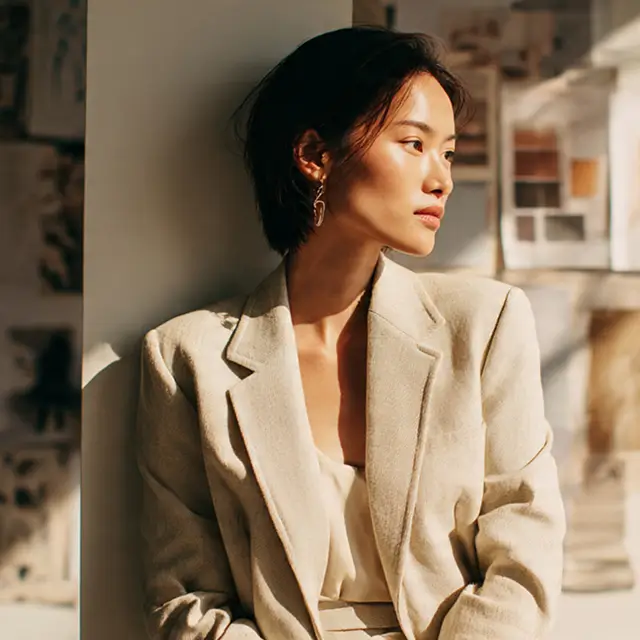 A focused woman in a cream oversized blazer leaning against a wall covered in design mood board references, bathed in warm natural light
