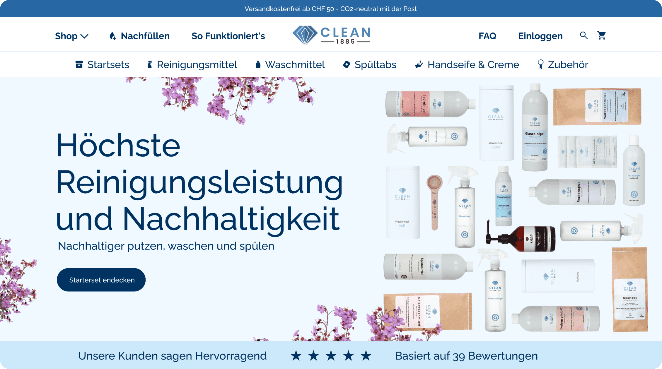 Clean 1885 e-commerce homepage displayed in a browser window, showing navigation, hero headline in German, a grid of cleaning product bottles, and a five-star review bar
