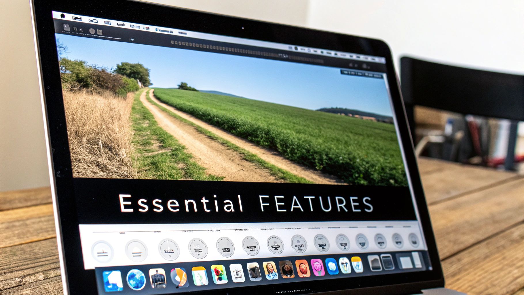 MacBook displaying Essential Features text with scenic countryside path image during presentation or demo