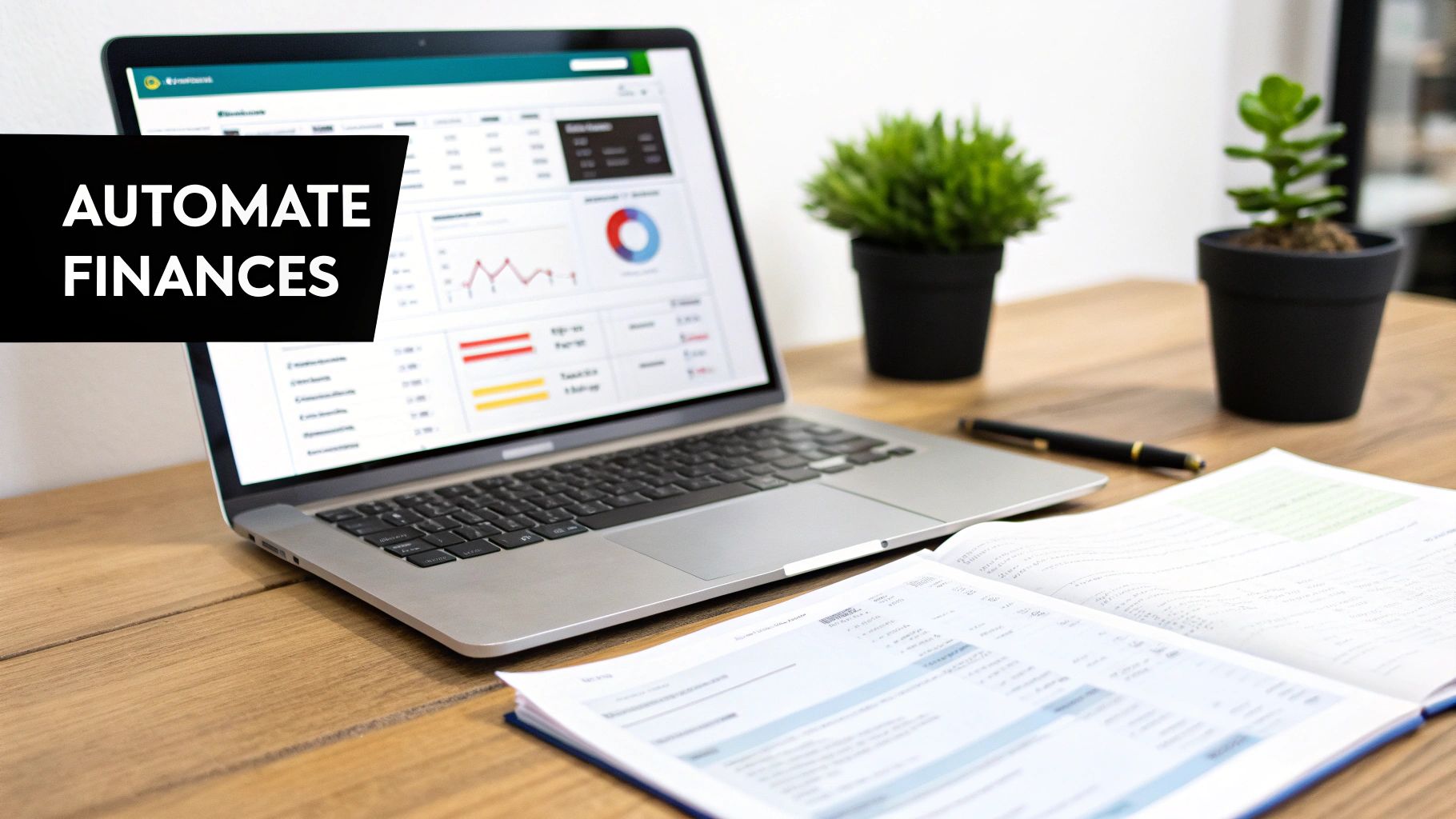 A laptop on a wooden desk displays financial graphs, an open notebook, pen, and potted plants. Text says 'Automate Finances'.