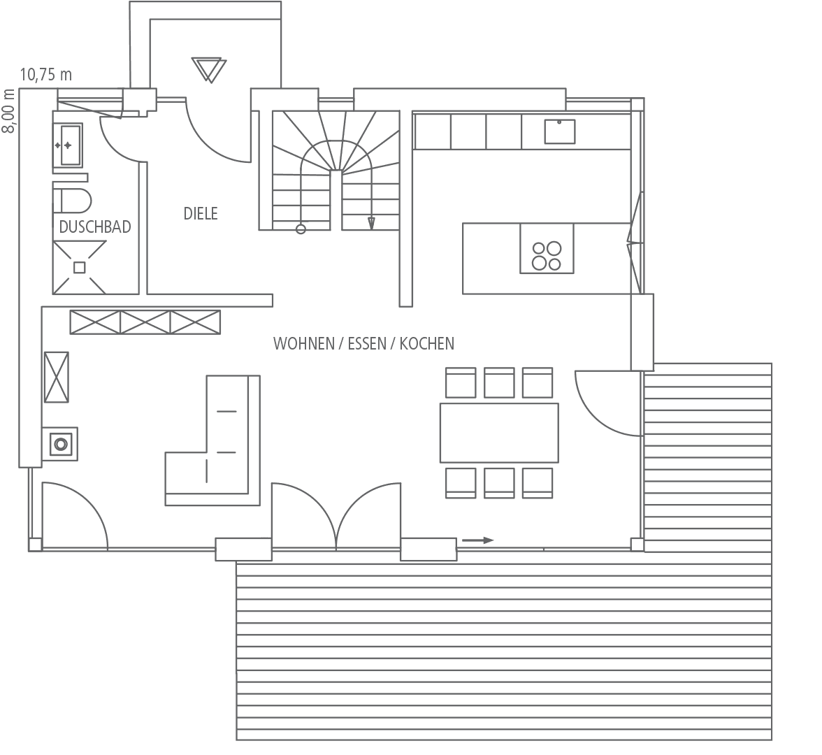 Grundriss einer modernen Wohnung mit Diele, Duschbad, Wohnen/Essen/Kochen, Treppe und Terrasse auf 8,00 m x 10,75 m.