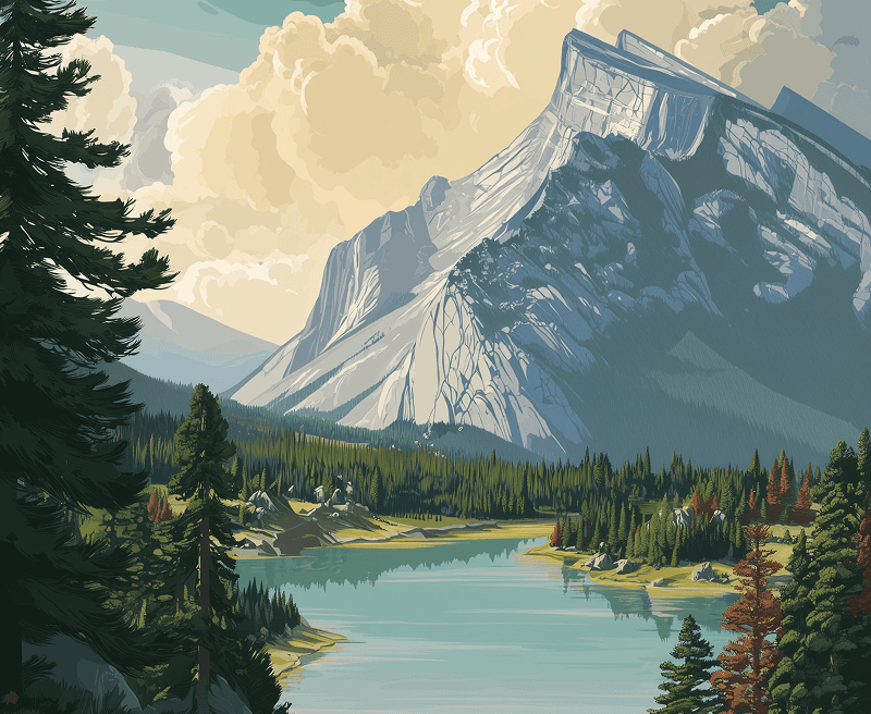 A vibrant poster depicting a mountain range, a tranquil lake, and green trees, showcasing natural beauty.
