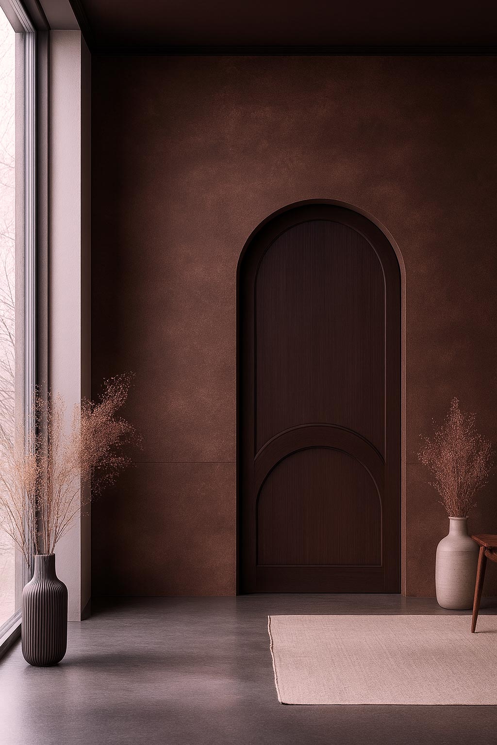 Minimalist entry hall with arched wooden door, warm plaster walls, dried botanicals, and soft natural light.