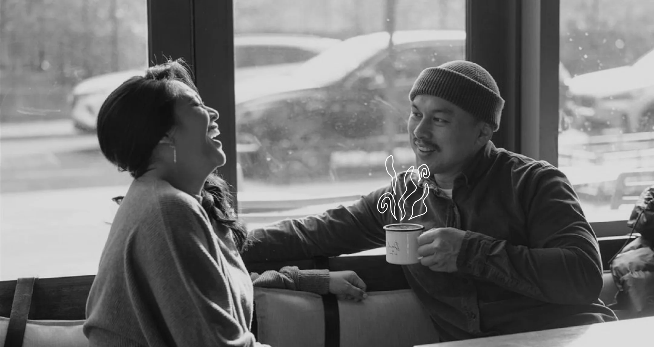 Two friends chatting over coffee